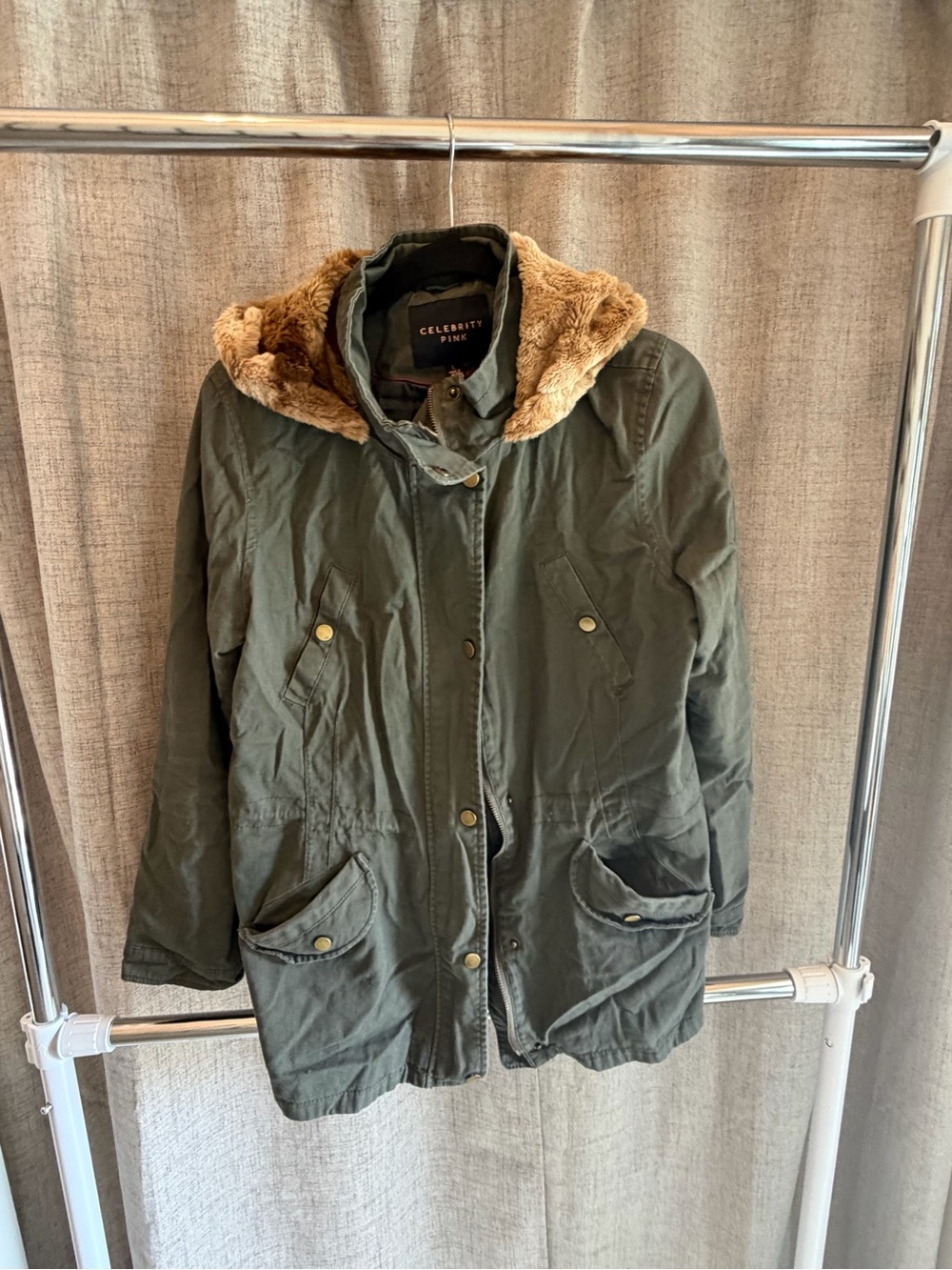 Celebrity Pink Olive Utility Parka with Faux Fur Hood